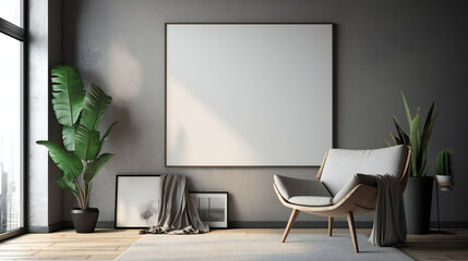 Modern Interior Design with Blank Mockup Frame Poster, 3D Render, 3D Illustration