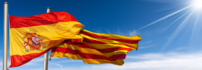 Close-up of a Spanish and Catalan flag (la Rojigualda and Senyera) with flagpole, blowing in the wind on a blue sky with clouds, sunbeams and copy space.