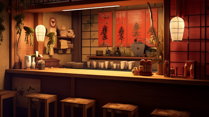 日本料理店。典型的な小さな伝統的な日本スタイルのレストランのカウンター部分GenerativeAI