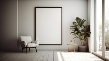 Modern Interior Design with Blank Mockup Frame Poster, 3D Render, 3D Illustration