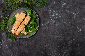Baked or fried salmon and salad, Paleo, keto, fodmap, dash diet.