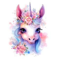 Cute colorful magic unicorn with flowers in watercolor style. Generative AI