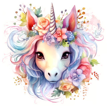 Watercolor style unicorn. Generative AI