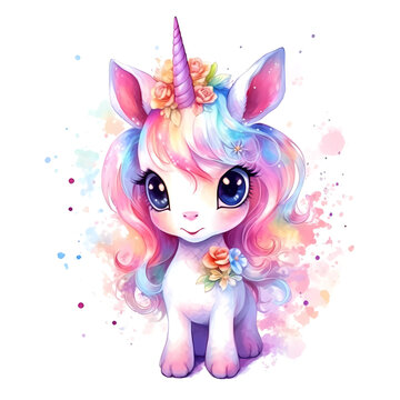 Baby colorful magic unicorn with flowers in watercolor style. Generative AI