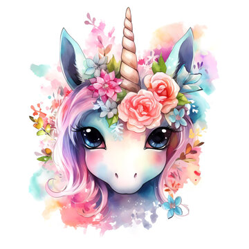 Colorful fairytale unicorn with flowers in watercolor style. Generative AI