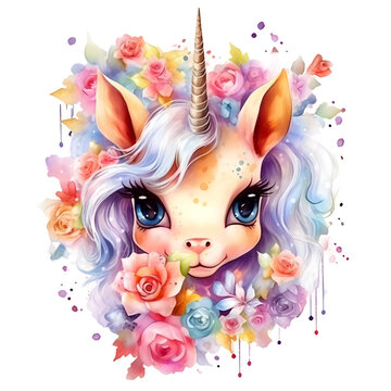 Colorful unicorn with flowers in watercolor style. Generative AI