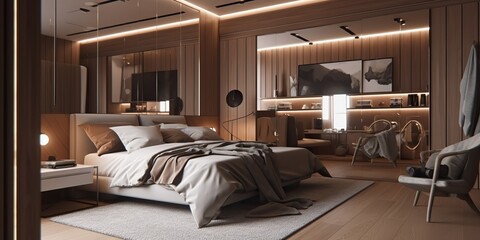AI Generated. AI Generative. architecture decoration desing of living room bedroom. Appartment house hotel minimal style. Graphic Art