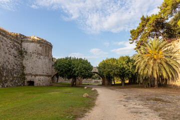 Fototapeta na wymiar Vegetation and stone tower in moat of old town of Rhodes, Greece