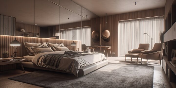 AI Generated. AI Generative. architecture decoration desing of living room bedroom. Appartment house hotel minimal style. Graphic Art