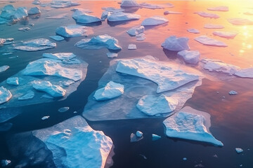 北極の海や海域で溶けていく氷床。地球温暖化、気候変動、温室効果ガス、エコロジーの概念。手作業による編集GenerativeAI