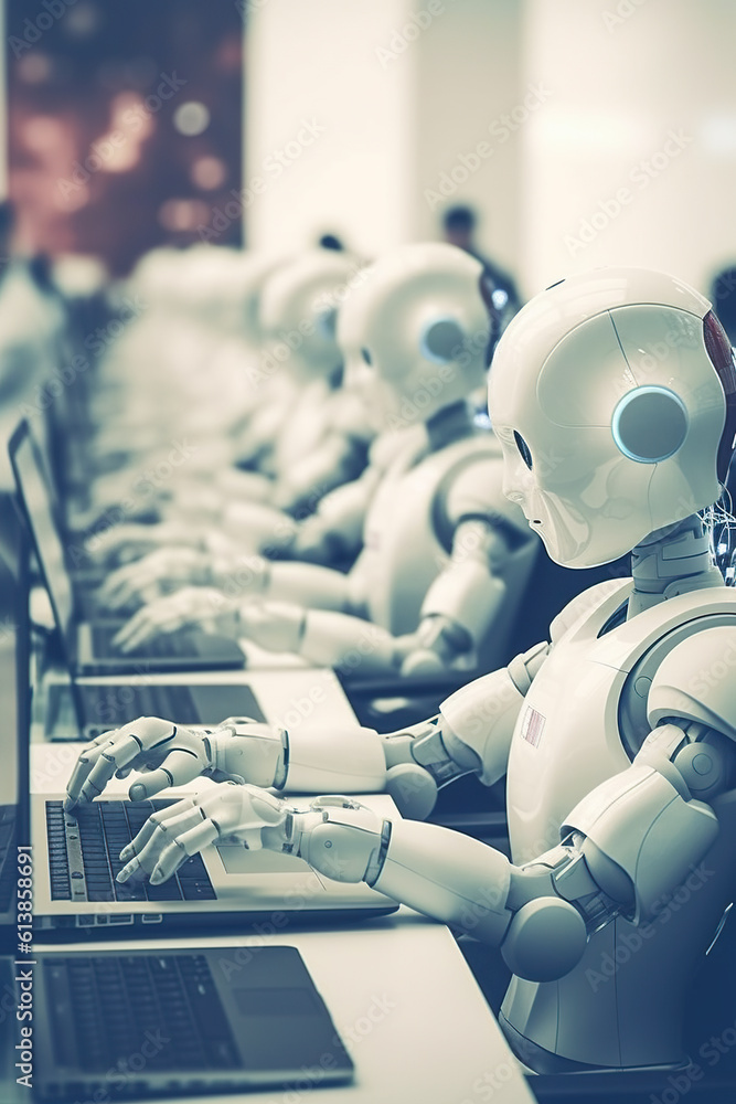 Poster a group of robots sitting in front of laptops. generative ai.