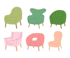Set of armchairs in trendy scandinavian style. Isolated on white background. Comfortable chairs and stylish stool bundle. Set of simple and fashionable furniture elements. Vector illustration.