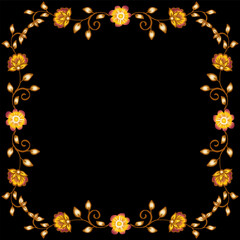 Doodle drawing gold floral frame on black background