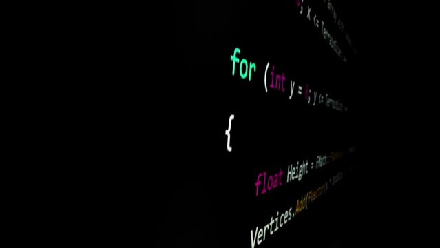 Closeup macro shot movement of coding script moving across LED screen with real-time AI-generated typing, showcasing advanced AI learning in optimization, debug and coding for software development.
