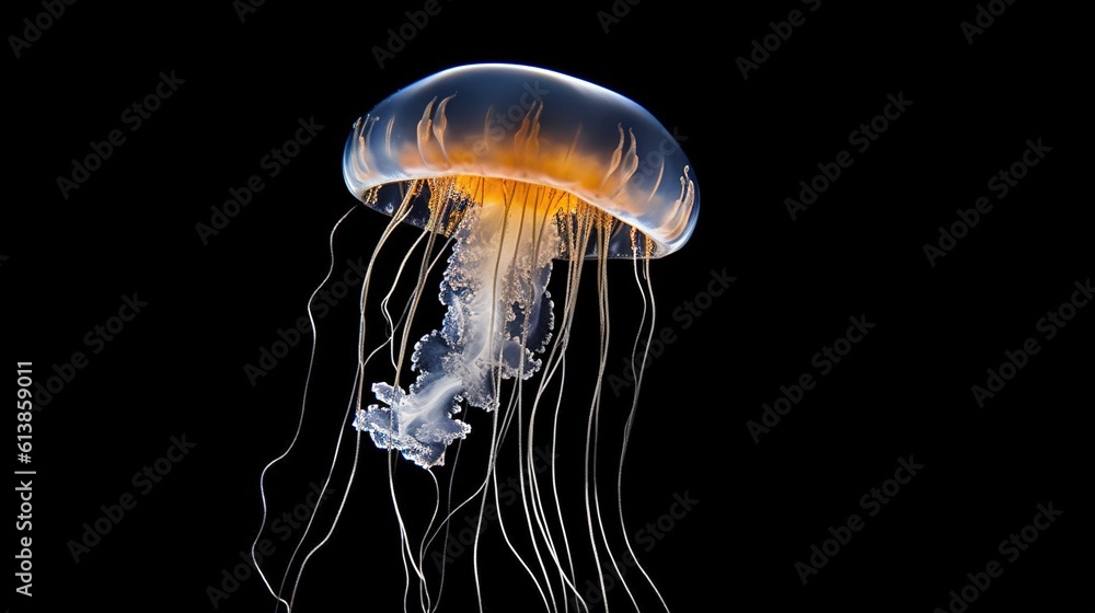 Poster a large jellyfish floating on top of a black background. generative ai