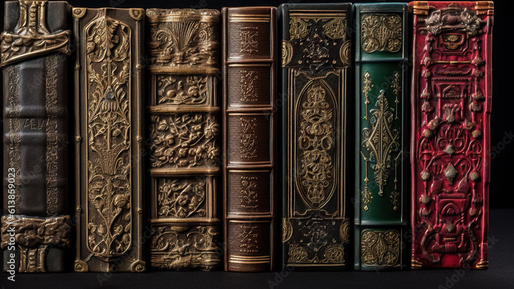 Poster a row of books with ornate designs on them. generative ai.