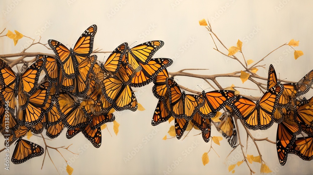 Poster a group of butterflies sitting on top of a tree branch. generative ai