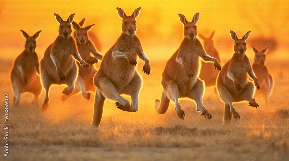 Poster a group of kangaroos running in a field at sunset. generative ai