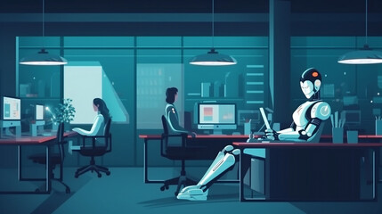 Robot autonomous concept. Many AI cyborg android working with laptop in office. Chatbot. Generative ai.