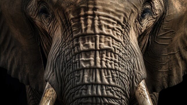  a close up of an elephant's face with tusks.  generative ai