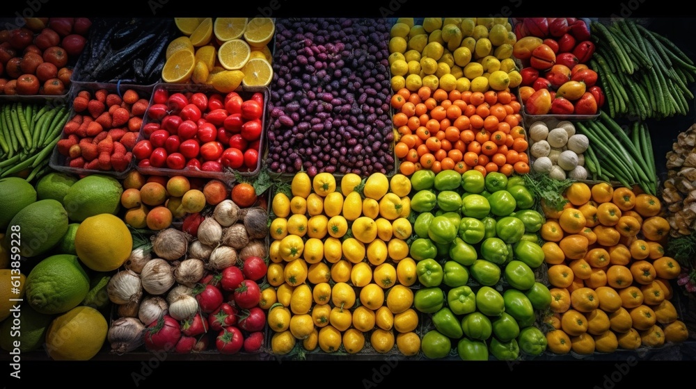 Poster a large display of fruits and vegetables on display for sale. generative ai