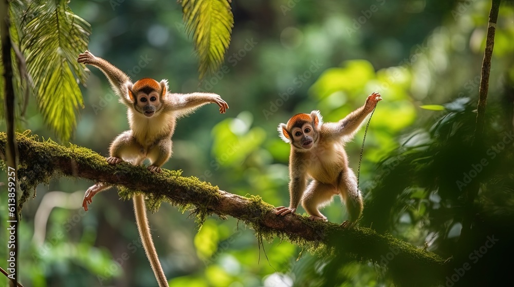 Poster two monkeys are sitting on a branch in the forest and reaching for something. generative ai