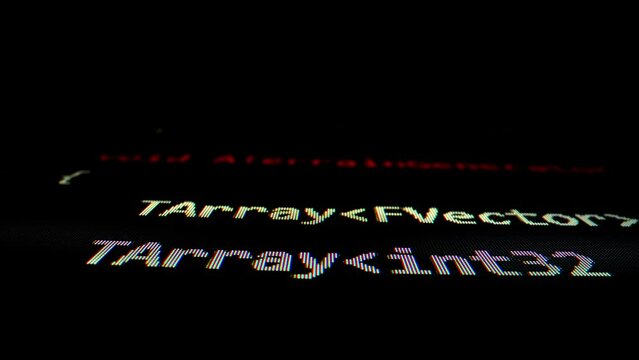 Closeup macro shot movement of coding script moving across LED screen with real-time AI-generated typing, showcasing advanced AI learning in optimization, debug and coding for software development.