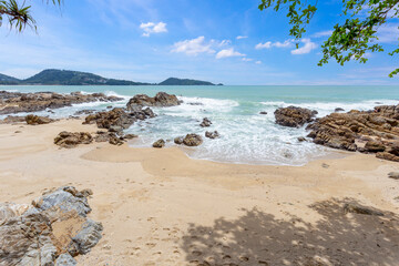 The Summer holiday and vacation background concept of beautiful leaves frame trees on tropical beach in summer season