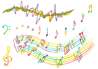 Watercolor isolated color drawing of a treble clef, bass clef, notes, melody (excerpt from Beethoven's melody 