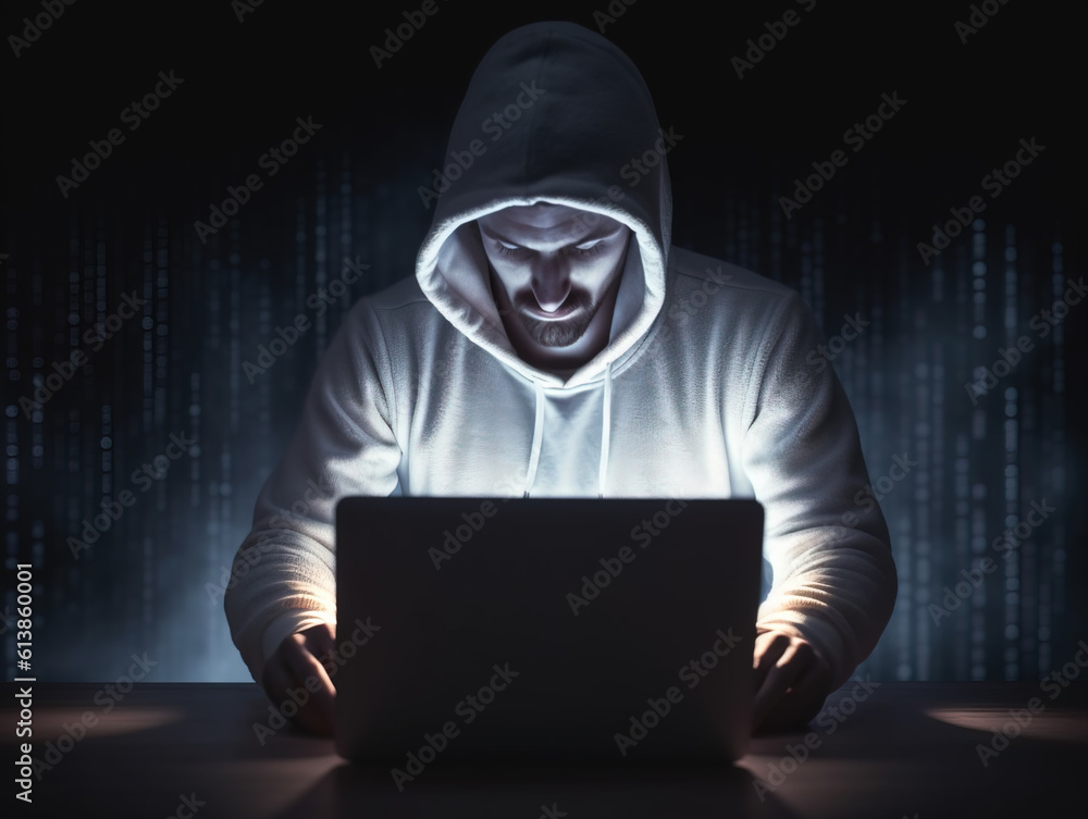 Poster cybersecurity, computer hacker with hoodie