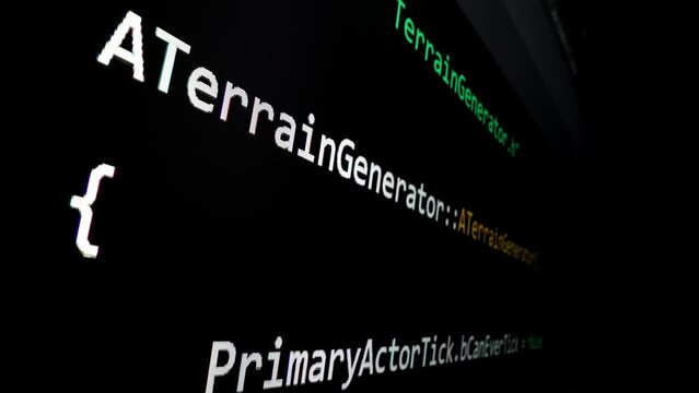 Closeup macro shot movement of coding script moving across LED screen with real-time AI-generated typing, showcasing advanced AI learning in optimization, debug and coding for software development.