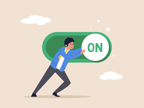 Setting or preference concept. Turn on switch, paradigm shift or change to be better status, start or begin business, smart businessman push setting button switch to on position.
