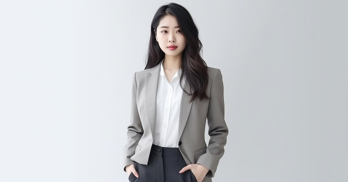 Portrait of a beautiful Asian businesswoman on a gray background wearing a business suit, happy and convident woman looking at camera. Copy space