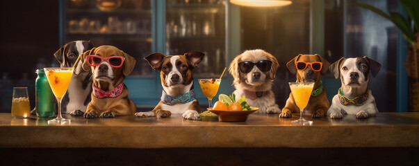 Crazy dogs wearing sunglasses having fun at a counter with cocktails (AI generated)