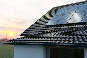 Fototapeta na wymiar Solar panels, photovoltaics on the roof. Alternative electricity source concept. 3D render illustration.