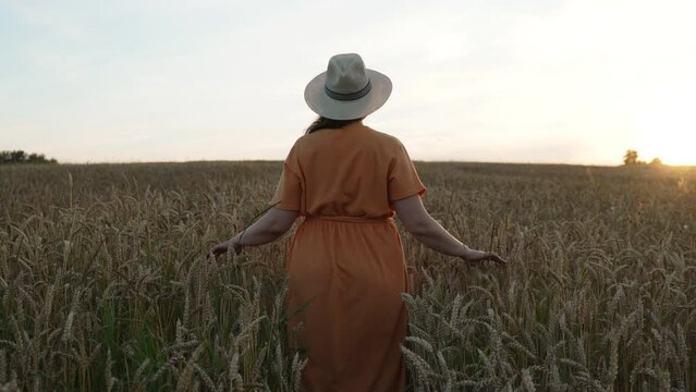 Pretty unrecognizable woman in orange dress and hat walks through cereal field at sunset, back view. Concept of self acceptance, quiet rest, relaxation, mental health care, slow motion. 