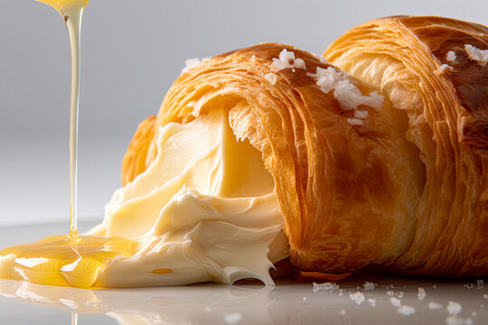 Croissant with butter and honey on white background. Generative Ai image