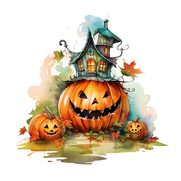A painting of a halloween house and pumpkins. Generative AI.
