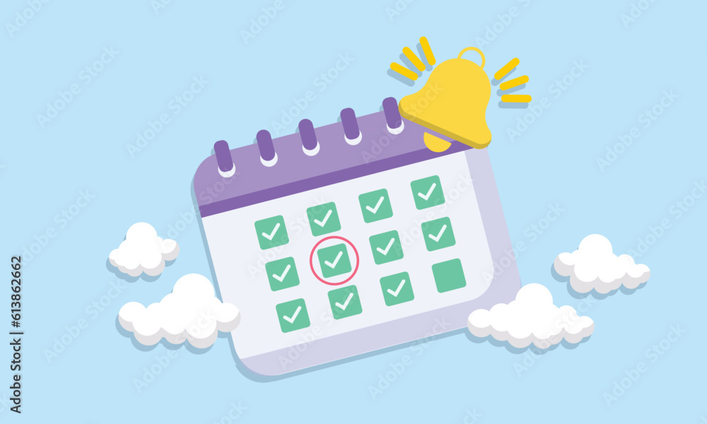 Poster calendar with check mark in date and bell notification. meeting reminder planner. daily work done wi