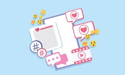 Mobile Phone with post in social media and Hand with Megaphone. Online promotion and marketing. Newsletter and adverting.