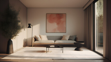 Stylish Interior with an Abstract Mockup Frame Poster, Modern interior design, 3D render, 3D illustration