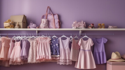 Shelving unit with children's dresses near lilac wall. Generative ai.