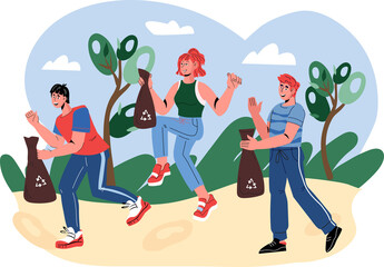 Plogging ecological marathon banner with people running with eco trash bags and pick up litter. Plogging and volunteer clean up day.