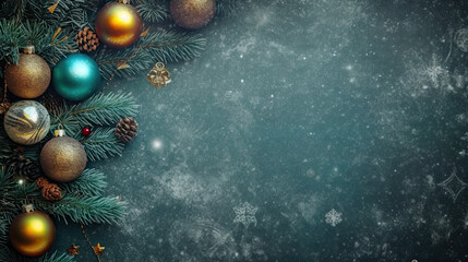 Fototapeta na wymiar Christmas and New years eve Background. Beautiful Wide Angle Holiday Template with Christmas ball on fir tree and highlights. Web banner with copy space for design.