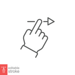 Swipe right icon. Simple outline style. Hand finger slide to right, drag arrow, unlock phone action concept. Thin line symbol. Vector illustration isolated on white background. Editable stroke EPS 10.