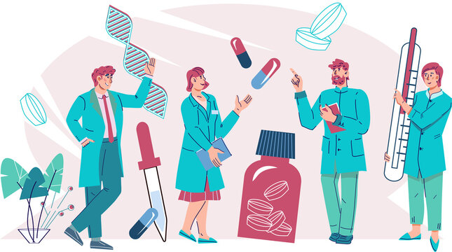 Healthcare banner or poster with doctors or pharmacists men and women. Clinic or pharmacy, paramedicine and medical exam concept.