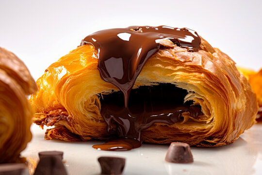 Croissant filled with chocolate on white background. Generative Ai image