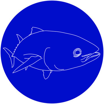 recommend clip art: Simple white outline of a Tuna fish in a blue circle design 