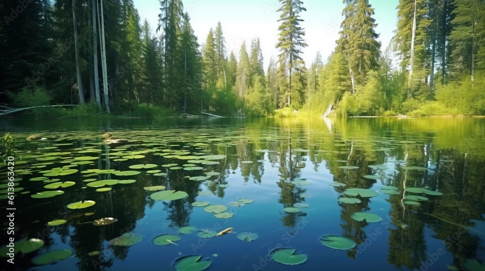 Poster a body of water with lily pads floating on it's surface. generative ai