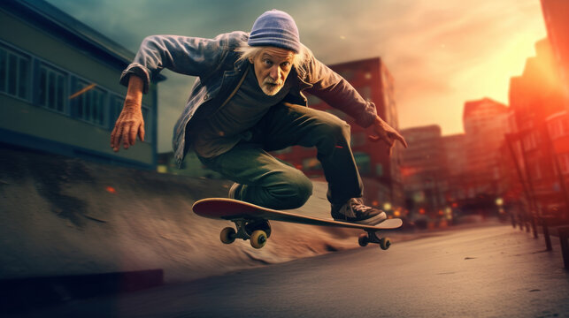 Active Senior: Fast-Paced Skateboarding by an Elderly Gentleman. 